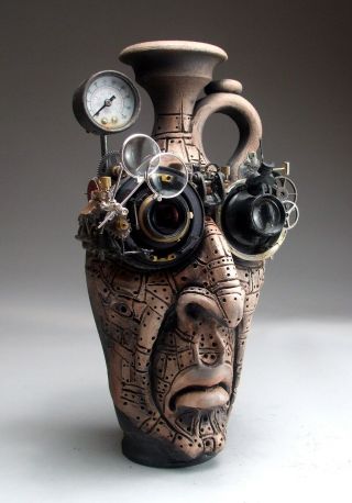 Mad Scientist Face Jug Pottery folk art steampunk sculpture by Mitchell Grafton 4