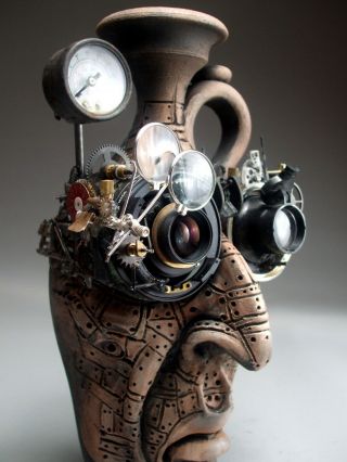 Mad Scientist Face Jug Pottery folk art steampunk sculpture by Mitchell Grafton 5