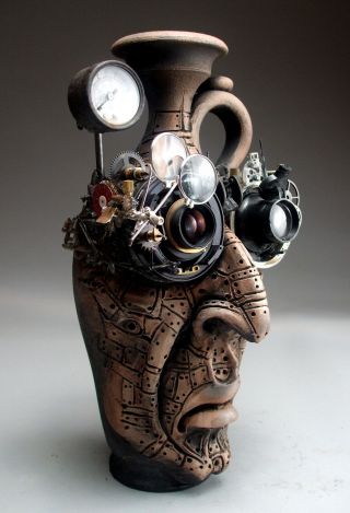 Mad Scientist Face Jug Pottery folk art steampunk sculpture by Mitchell Grafton 6