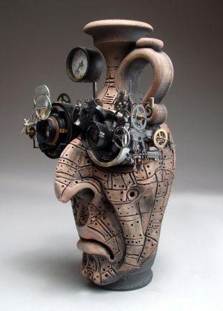 Mad Scientist Face Jug Pottery folk art steampunk sculpture by Mitchell Grafton 7