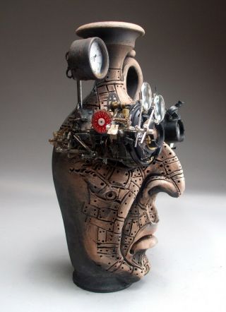 Mad Scientist Face Jug Pottery folk art steampunk sculpture by Mitchell Grafton 9