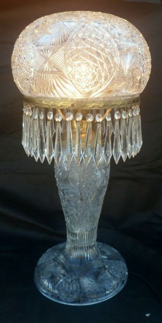 Rare Exceptional Antique Cut Crystal Table Lamp,  Abp,  40 Lusters,  Prisms