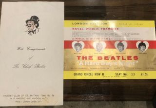 Beatles Hard Day’s Night World Premiere London Ticket & Compliments Slip