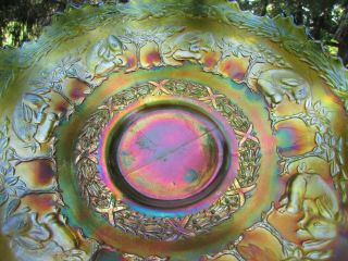 Fenton PETER RABBIT ANTIQUE CARNIVAL ART GLASS RUFFLED BOWL GREEN 11