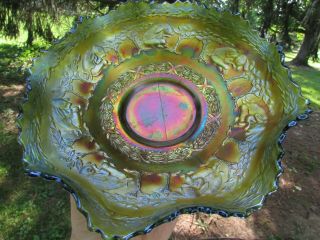 Fenton PETER RABBIT ANTIQUE CARNIVAL ART GLASS RUFFLED BOWL GREEN 9