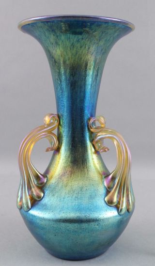 Early 20thC Antique Hand Blown Loetz Cobalt Norma Art Glass 3 - Handle Vase 3