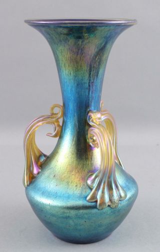 Early 20thC Antique Hand Blown Loetz Cobalt Norma Art Glass 3 - Handle Vase 8