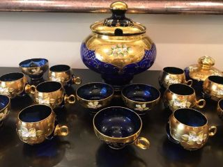 Punch Bowl Cobalt W 8 Glasses 6 Coffee Cups Blue 24k Glass Murano With Certif. 12