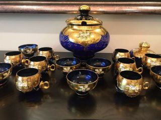 Punch Bowl Cobalt W 8 Glasses 6 Coffee Cups Blue 24k Glass Murano With Certif.
