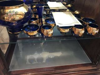 Punch Bowl Cobalt W 8 Glasses 6 Coffee Cups Blue 24k Glass Murano With Certif. 2