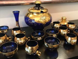 Punch Bowl Cobalt W 8 Glasses 6 Coffee Cups Blue 24k Glass Murano With Certif. 3