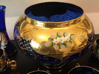 Punch Bowl Cobalt W 8 Glasses 6 Coffee Cups Blue 24k Glass Murano With Certif. 5