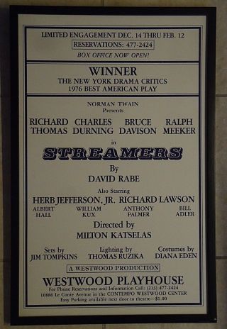 Authentic 1977 Poster - Westwood Playhouse - Streamers Milton Katsalas