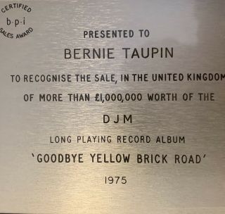 Goodbye Yellow Brick Road Platinum Record Award To Bernie Taupin 2