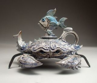 Blue Crab Teapot Pottery sculpture folk art by face jug maker Mitchell Grafton 10