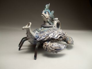 Blue Crab Teapot Pottery sculpture folk art by face jug maker Mitchell Grafton 11