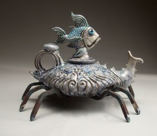 Blue Crab Teapot Pottery sculpture folk art by face jug maker Mitchell Grafton 12