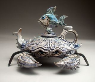 Blue Crab Teapot Pottery Sculpture Folk Art By Face Jug Maker Mitchell Grafton