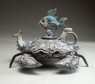 Blue Crab Teapot Pottery sculpture folk art by face jug maker Mitchell Grafton 2
