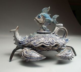 Blue Crab Teapot Pottery sculpture folk art by face jug maker Mitchell Grafton 3