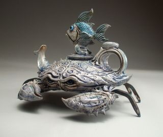 Blue Crab Teapot Pottery sculpture folk art by face jug maker Mitchell Grafton 4