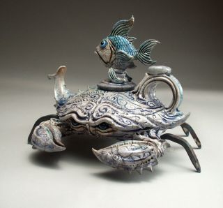 Blue Crab Teapot Pottery sculpture folk art by face jug maker Mitchell Grafton 5