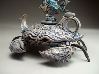 Blue Crab Teapot Pottery sculpture folk art by face jug maker Mitchell Grafton 6