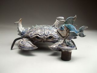 Blue Crab Teapot Pottery sculpture folk art by face jug maker Mitchell Grafton 7