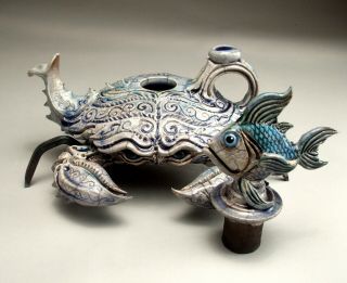 Blue Crab Teapot Pottery sculpture folk art by face jug maker Mitchell Grafton 8