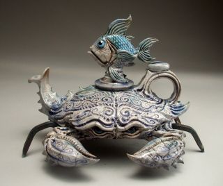 Blue Crab Teapot Pottery sculpture folk art by face jug maker Mitchell Grafton 9