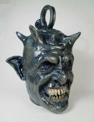 Folk Art Pottery Blue Devil Face Jug by Vonderhey 2