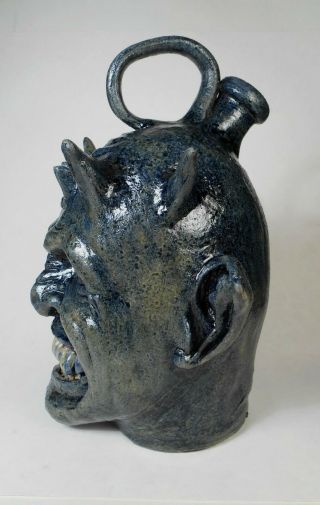Folk Art Pottery Blue Devil Face Jug by Vonderhey 5