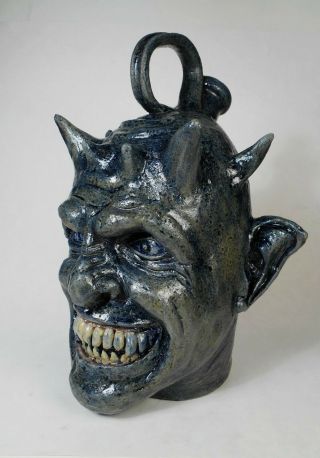 Folk Art Pottery Blue Devil Face Jug by Vonderhey 6