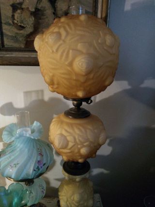 Rare Vintage Fenton For Lg Wright Honey Amber Satin Puffy Rose Lamp 33 "