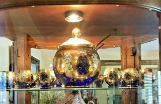 Punch Bowl Cobalt With 10 Glasses Cup Blue & 24k Gold 3d Flowers
