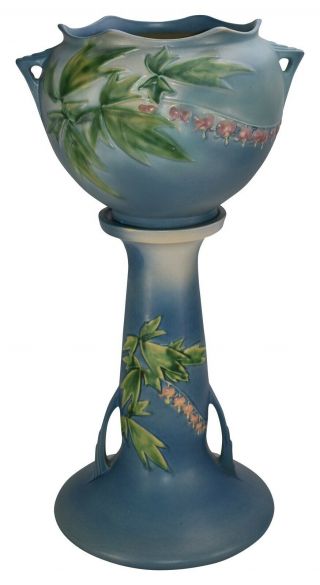 Roseville Pottery Bleeding Heart Blue Ceramic Jardiniere And Pedestal 651 - 8