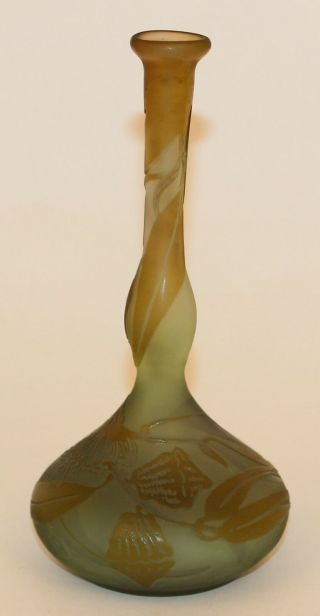 Galle Cameo Glass Bottle Neck Vase W/ Leaves & Flowers