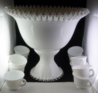 Rare Fenton Glass Silver Crest Punch Bowl & Base With 11 Ribbed Optic Cups