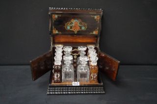 Antique French Napoleon Iii Liquor Boulle Enamel Cave Box Crystal Glass Set Bar