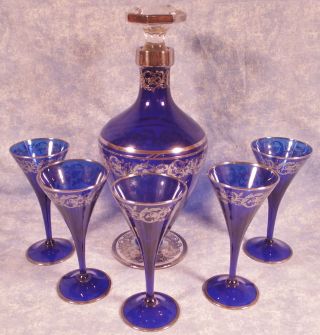 Rare Cambridge Cobalt Blue & Silver Overlay Decanter Cocktail Set