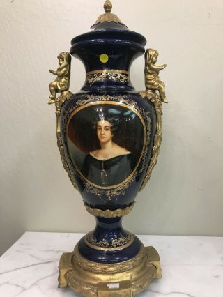 Cobalt Blue Porcelain Vase W/ 24k Bronze Accents,  Hand - Painted Scenery