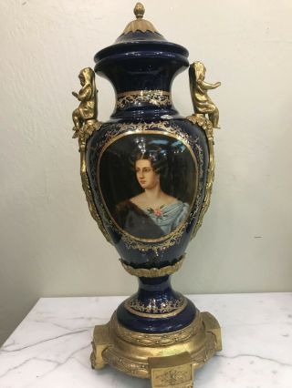 Cobalt Blue Porcelain Vase w/ 24k Bronze Accents,  Hand - Painted Scenery 2