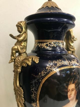 Cobalt Blue Porcelain Vase w/ 24k Bronze Accents,  Hand - Painted Scenery 3