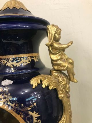 Cobalt Blue Porcelain Vase w/ 24k Bronze Accents,  Hand - Painted Scenery 4