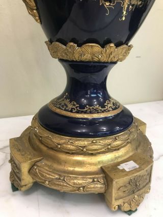 Cobalt Blue Porcelain Vase w/ 24k Bronze Accents,  Hand - Painted Scenery 7