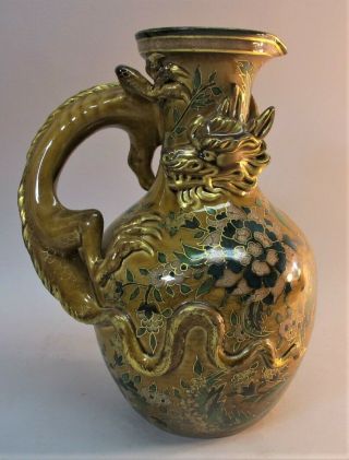 Rare 19th C.  Zsolnay Art Nouveau Pottery Pitcher Of A Dragon C.  1870s Hungary