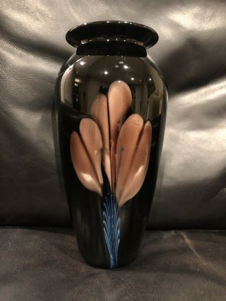 Richard Satava Black Studio Art Glass Vase With Purple/blue Flower Decoration