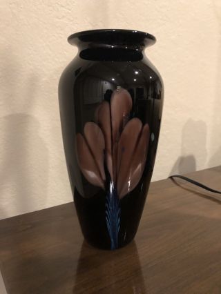 Richard Satava Black Studio Art Glass Vase With Purple/Blue Flower Decoration 2