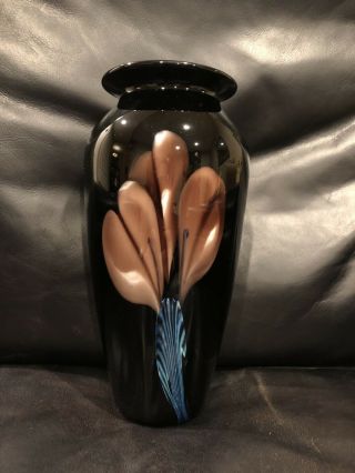 Richard Satava Black Studio Art Glass Vase With Purple/Blue Flower Decoration 3