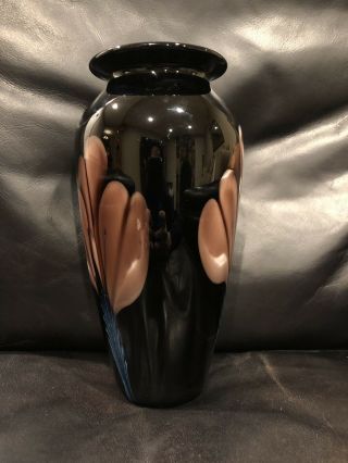 Richard Satava Black Studio Art Glass Vase With Purple/Blue Flower Decoration 4